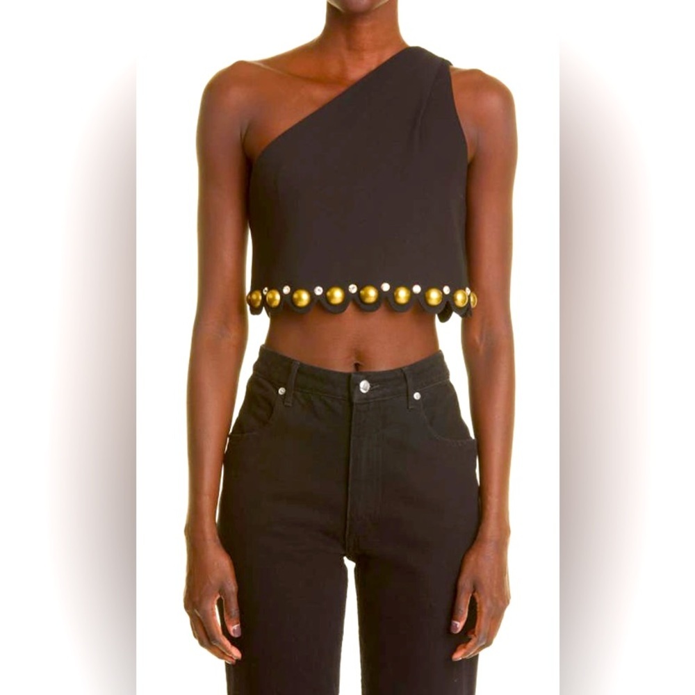 AREA Black One-Shoulder Crop Top with Gold Stud Trim